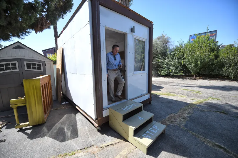A completed prototype for modular homeless housing by the MADWORKSHOP Homeless Studio.